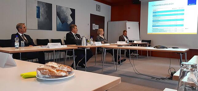 Direktor Georg von Boyen (von links), Bürgermeister Thomas Kugler und Landrätin Stefanie Bürkle bei der Bilanzkonferenz für das Jahr 2019.