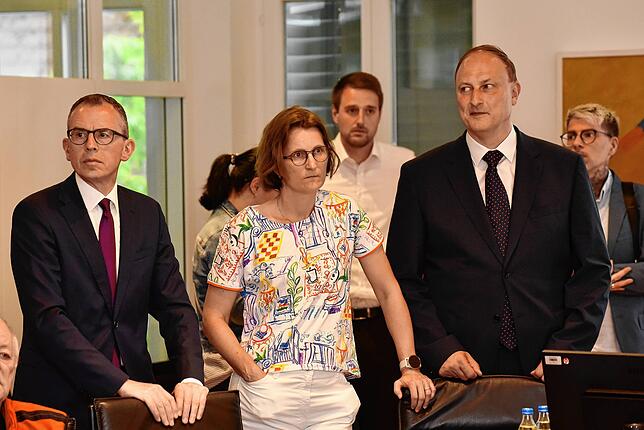 Das Debakel zeichnet sich auf der Leinwand ab. Landrat Sven Hinterseh (links), Barbara Kollmeier und Michael Kollmeier.