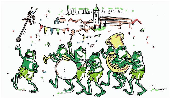 Zu den Zeichnungen von Markus Meßmer gehört auch die musikalische Fröscheschar, welche während der Fasnacht beim Umzug mit Musik unterhält.