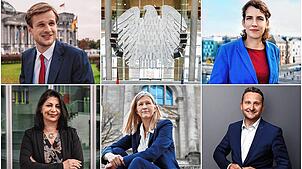 Blicken auf ihr erstes Jahr im Deutschen Bundestag zurück (von oben links im Uhrzeigersinn): Robin Mesarosch, Lina Seitzl, Volker ...