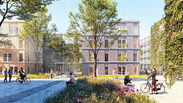 Drei- bis fünfgeschossige Quader in Stahl- und Holzbauweise werden drei Gebäuderiegel an der Stein- und Gottfried-Keller-Straße ersetzen.