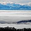 Dichter Nebel liegt über dem Bodensee, gesehen vom Berg Höchsten bei Illmensse aus. Der See ist ein riesiger Wärmespeicher, der jetzt ...