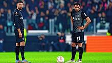 Fußball: Europa League, Juventus Turin &ndash; SC Freiburg, Achtelfinale, Hinspiel, Allianz Stadium. Freiburgs Vincenzo Grifo (l) und ...