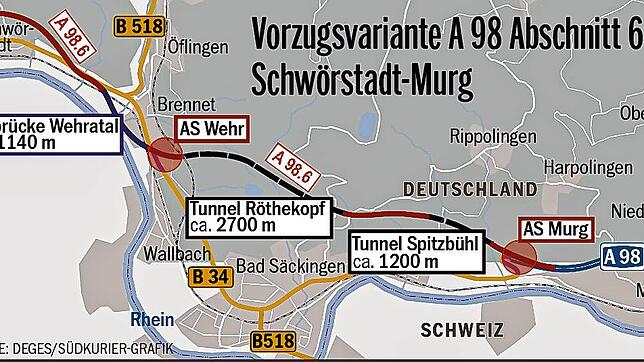 Bild : A 98: Deges stellt neue Trasse für Lückenschluss bei Wehr/Bad Säckingen vor und erklärt, warum nur eine vierspurige Autobahn den künftigen Verkehr aufnehmen kann