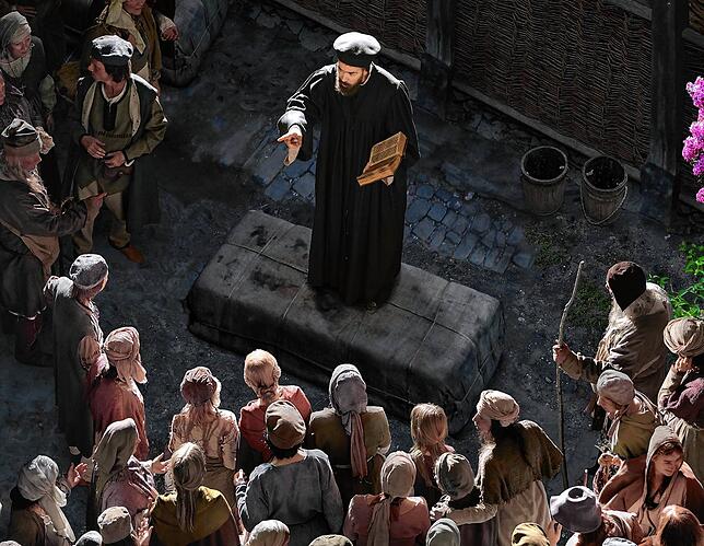 Täuschend lebensecht, wie Künstler Yadegar Asisi es im Panoramabild für Konstanz darstellt: Der Reformator Jan Hus verteidigt auf dem ...