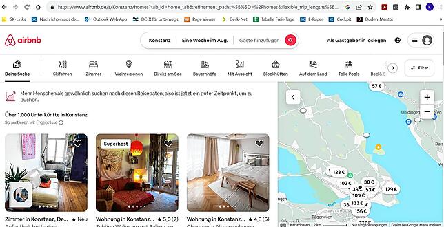 Eine Stichprobe Anfang August auf Airbnb zeigt: Über 1000 Ferienunterkünfte werden in Konstanz angeboten.