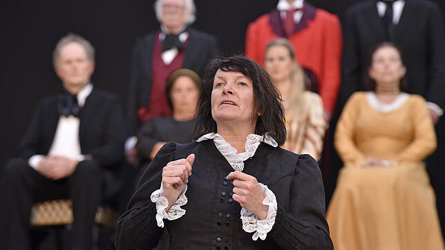 Als Erzählerin geleitet Heidi Mayer-Löhr das Publikum durchs Theaterstück. Im Hintergrund die Hüfinger Künstlerfamilie Reich, deren ...