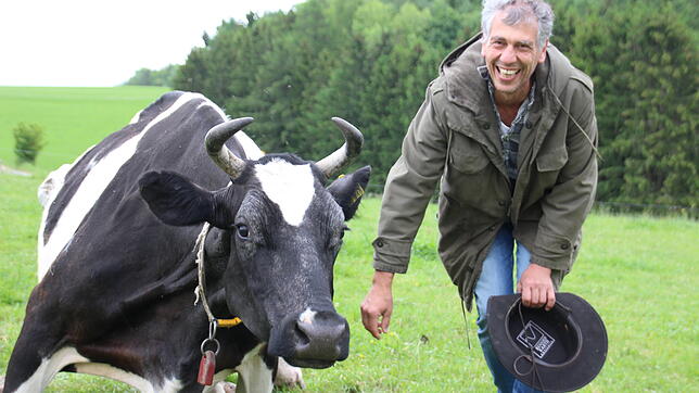 Zwei die sich verstehen und gut riechen können: Kuh Samura und der Landwirt ihres Vertrauens, Alexander Zulic.