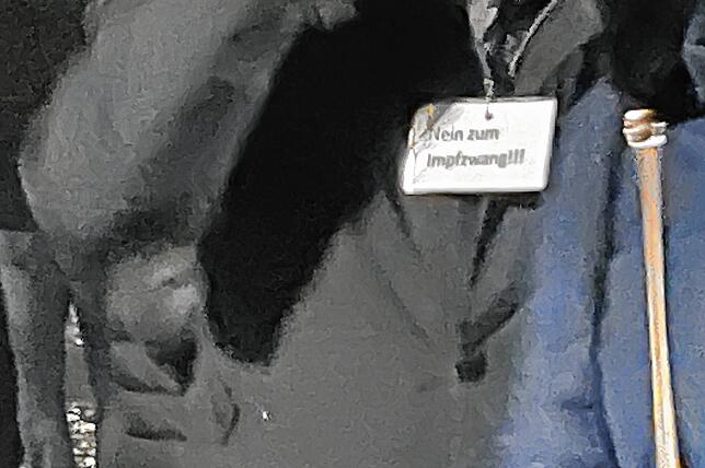 „Nein zum Impfzwang“ – wenige Teilnehmer trugen ein kleines Schild mit dieser Aufschrift auf ihrer Jacke.