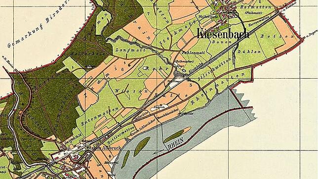 Im Gemarkungsübersichtsplan von 1889 ist die von Kiesenbach 1845 abgesonderte Gemarkung Albbruck zu erkennen, die zwischen dem Alb-Fluss ...