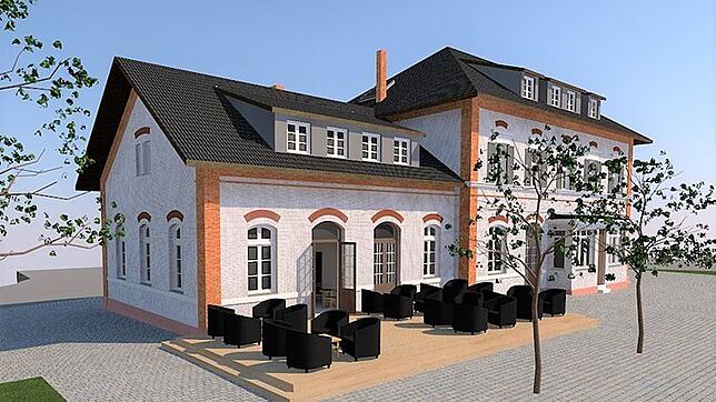 So soll einer Visualisierung zufolge der Bahnhof nach seiner Renovierung aussehen. Im Vordergrund ist die Terrasse des geplanten ...