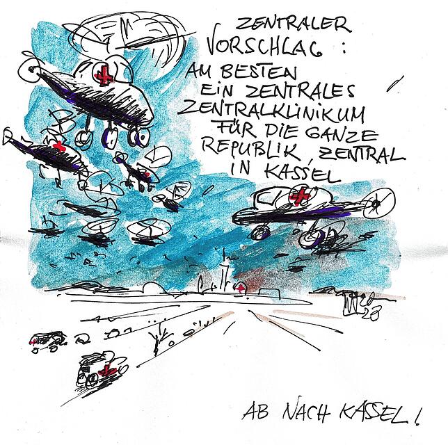 Bild 1: Karikatur zur Klinikschließungen im Kreis Lörrach: So sieht Künstler Willi Raiber die Diskussion