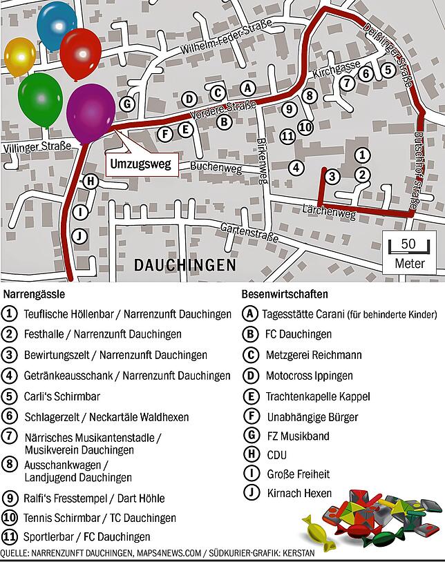 Der große Festumzug schlängelt sich am Sonntag auf dieser Strecke durch Dauchingen. Entlang der Umzugsstrecke gibt es zusätzlich zum ...