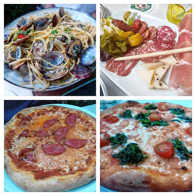 Pasta alla Vongole (glutenfrei!), der Antipasti-Teller sowie zwei herrliche knusprige Pizzas.