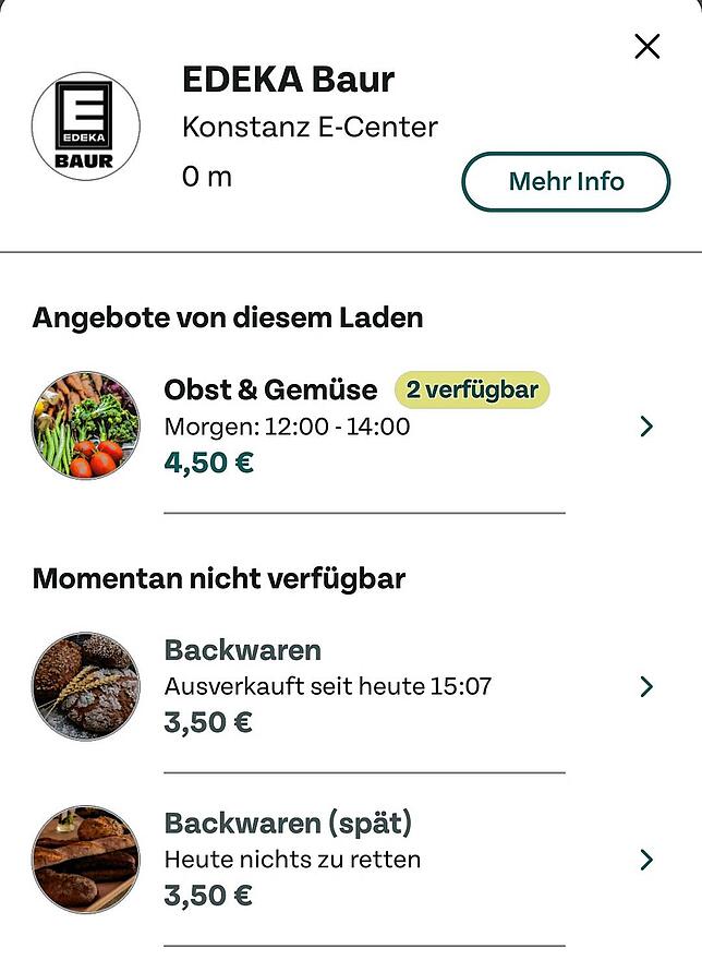So sieht die App „too good to go“ aus. Sie zeigt an, wo in der Nähe Lebensmitteltüten zu haben sind, wer sie anbietet und ...