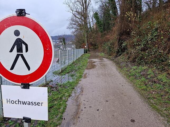 Ein Schild warnt am Mittwoch am Waldshuter Rheinufer vor dem Hochwasser. Fußgänger dürfen den Weg nicht betreten.