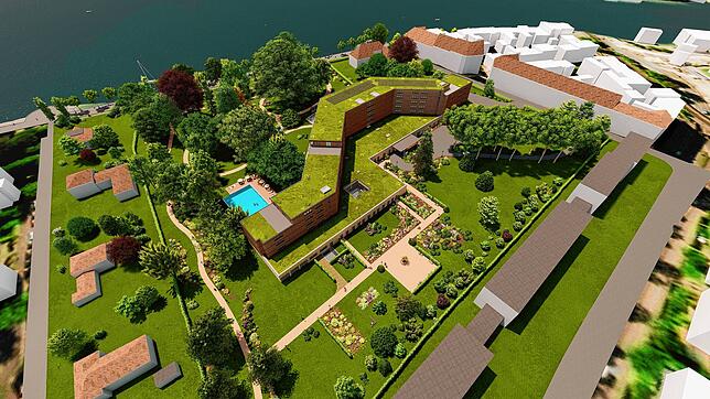 So soll das 75-Millionen-Euro-Projekt mit Hotel und Park sowie Schwimmbad aus der Luft aussehen.