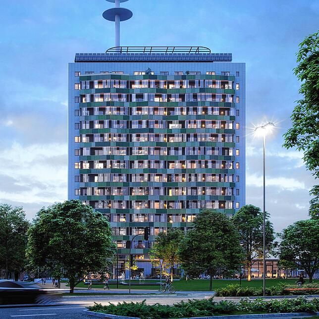 Unten Gewerbe, darüber 15 Wohngeschosse mit grün-weiß-rosa Balkonbrüstungen: So soll der ehemalige Telekomturm in Petershausen einmal ...