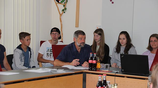 Die Arbeitsgruppe Jugendtreff im Walder 14er-Rat stellt dem Gemeinderat ihren Wunsch nach einem Jugendraum vor: (von links) Ben, ...