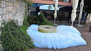 Vor dem Restaurant „Romanca“ und neben der Stadtkirche in Schwenningen: Jede Menge Schau quillt aus dem kleinen Brunnen am frühen ...