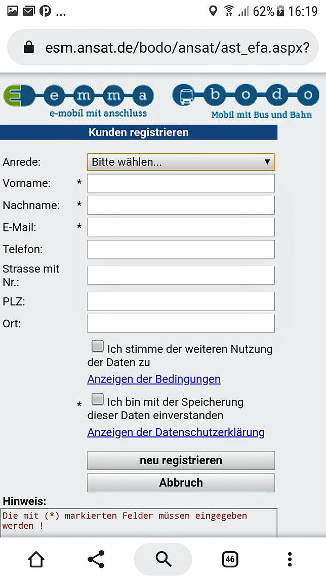 So sieht die Maske zur Registrierung in der Bodo-App aus. Die mit * gekennzeichneten Felder müssen zwingend ausgefüllt werden. Per ...