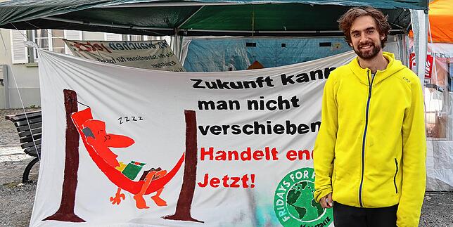 Der 25-jährige Konstanzer Chemiestudent Manuel Oestringer im Klimacamp beim Münster: „Wenn die Bundesklimaschutzziele ernst ...