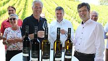 Stoßen auf die neue Markdorfer Weinlinie an (vorne von links): Karl Megerle, Vorstandsvorsitzender Winzerverein Hagnau sowie ...