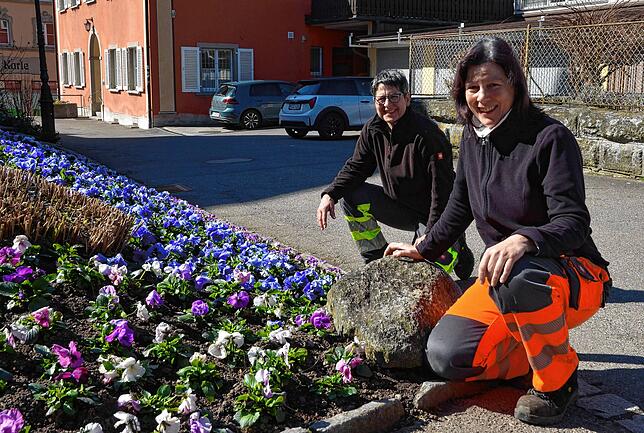 Heike Breitinger und Yvonne Weber haben das Beet an der Kirche mit Stiefmütterchen bepflanzt.