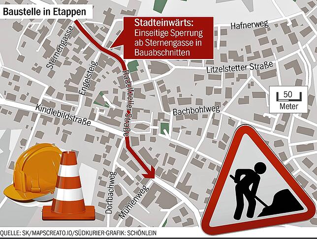 Bild 1: Vorsicht Verkehrsbehinderungen! In Wollmatingen wird ab 16. Juni gebaggert