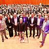 Wirtschaftsforum 2023 in der vollbesetzten Stadthalle (von links): Die Podiumsteilnehmer Michael Gleich (Wissenschaftsjournalist und ...