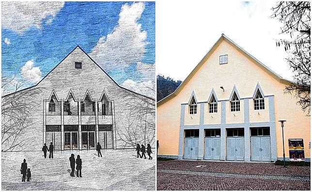 Neu neben alt: Der Neubau der Scheffelhalle lehnt sich in der Außenansicht eng an die im November 2020 abgebrannte alte Halle an. Innen ...
