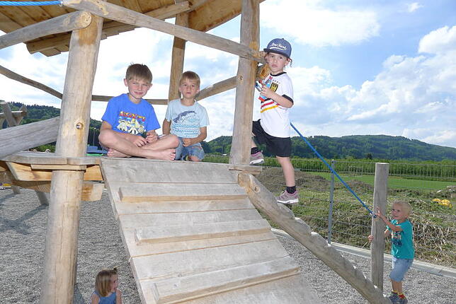 Lukas, Leander und Anna (von links) sind begeistert vom neuen Spielplatz, der idyllisch am Ortsrand von Obersiggingen gelegen ist. Bild: ...