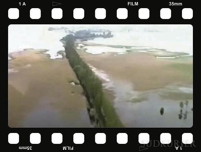 Filmstreifen Unwirklich: Der Reichenauer Damm (hinten die Insel) mit seiner Pappelallee war das Symbol des 99er Hochwassers. Über Wochen blieb die ...