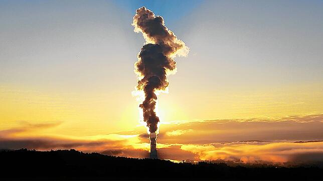 Im Abendlicht steigt die Dampfwolke aus dem Kühlturm des Schweizer Atomkraftwerks Leibstadt in den Himmel.