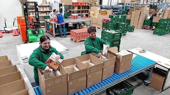 Lisa Fröhlich (links) und Sabrina Frey beim Verpacken der Ware im Alno-Park in Pfullendorf, wo der Versand vorbereitet wird. Bild: ...