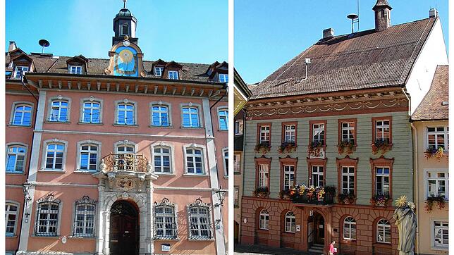 Die beiden Verwaltungsgebäude der Stadt Waldshut-Tiengen: Links das Rathaus Waldshut, rechts das Rathaus Tiengen.