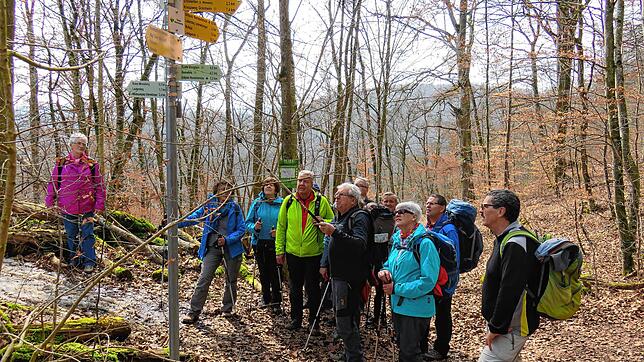 Wegewart Manfred Nägele erklärt, als geführte Wanderungen möglich waren, die Wegzeiger des Schwäbischen Albvereins Meßkirch.