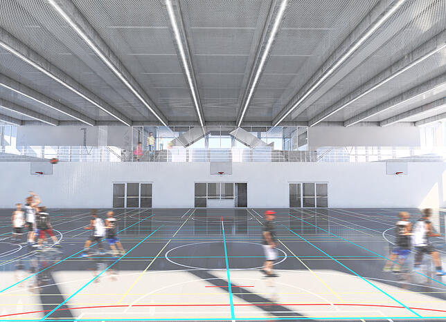 Fotorealistischer Entwurf der neuen Sporthalle, die auf dem Schulcampus in Überlingen gebaut wird.