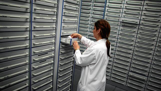 Unser Symbolbild zeigt eine Apothekerin, die in einem Schubladen-Schrank nach einem passenden Produkt sucht.