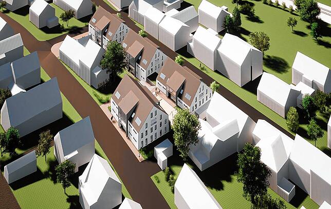 Visualisierung des nördlichen Bereichs mit den vier neuen Mehrfamilienhäusern. Rechts die Radolfzeller, links die Höhrenbergstraße.