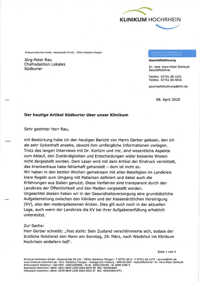 Reaktion des Klinikums Hochrhein Waldshut