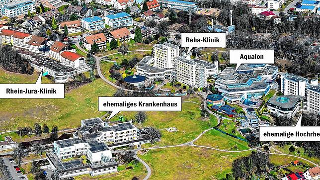 Blick auf das Bad Säckinger Kurgebiet. Die Rehaklinik ist die letzte Kurklinik aus der ursprüglichen Keimzelle des Bad Säckinger Kurwesens.