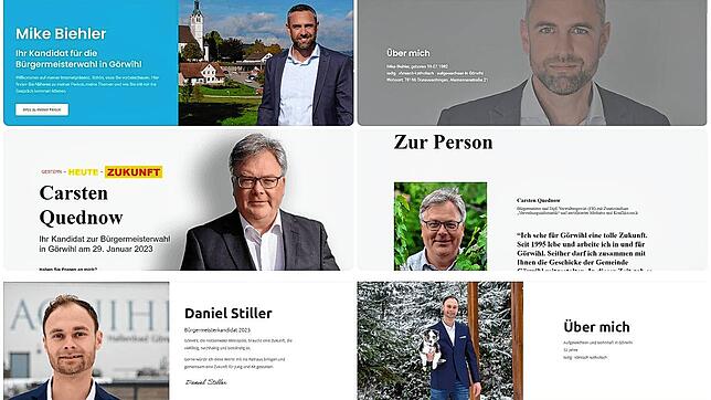 Einblicke in die Online-Auftritte der drei Görwihler Bürgermeister-Kandidaten Mike Biehler, Carsten Quednow und Daniel Stiller (von oben ...