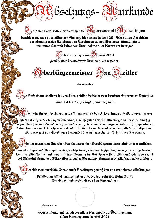 Die Urkunde in der noch nicht unterschriebenen und gesiegelten Form.
