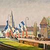 &bdquo;Die Rheinbrücke mit französischer Beflaggung&ldquo; von Fritz Hildebrandt, 1946, Öl auf Sperrholzplatte.