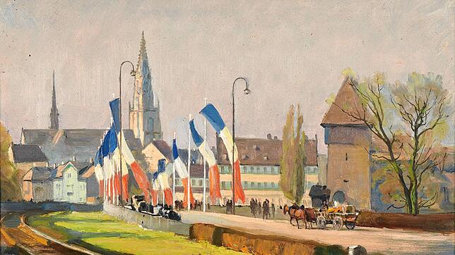 &bdquo;Die Rheinbrücke mit französischer Beflaggung&ldquo; von Fritz Hildebrandt, 1946, Öl auf Sperrholzplatte.