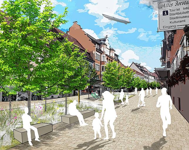 Die Hauptstraße soll künftig eine Fußgängerzone und begrünt sein. Nur noch Anwohner und Zulieferer dürften mit dem Auto einfahren.