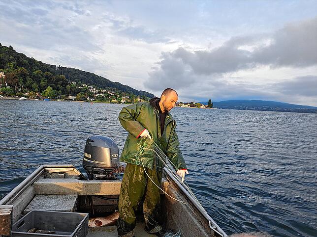 Urs Riebel beim Fischfang auf dem Untersee am frühen Morgen.