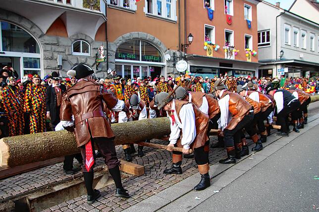 Der Narrenbaum wird vor dem Stockacher Rathaus gestellt. Das gelingt der althistorischen Zimmerer-Gilde mit Muskelkraft und Knowhow.