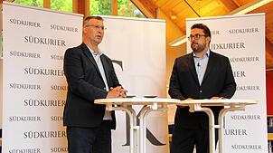 Joachim Burger (links) stellte sich im Video-Gespräch mit SÜDKURIER-Redaktionsleiter Markus Baier auch persönlichen Fragen.